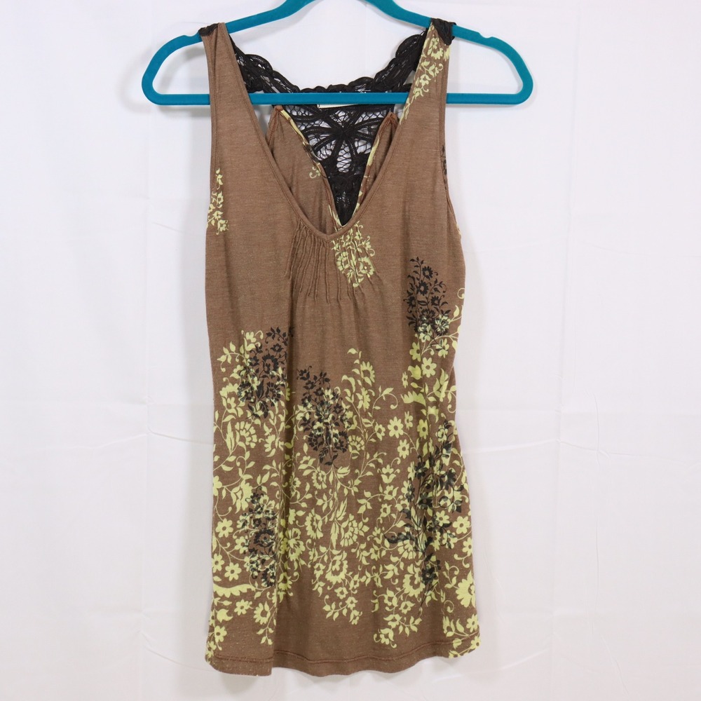 Testament‎ Tank Top Medium Brown Womens Floral Lace Back Boho